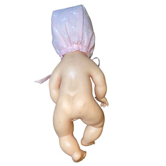 Vintage Baby Doll With Pink Lace Bonnet Blue Eyes & Articulated Limbs - Picture 4 of 12